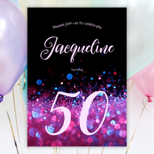 Custom Neon Glow Pink Glitter Script 50th birthday Invitation