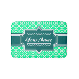 Custom Neon Green and Teal Decorative Pattern Bathroom Mat