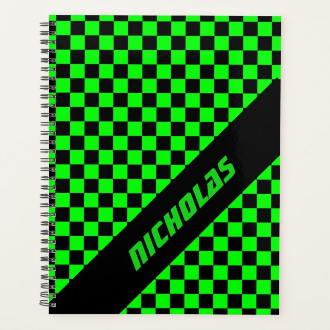 Custom Neon Green Checkered Pattern Planner (Front)