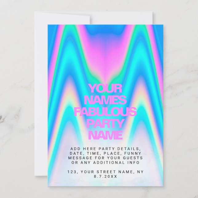 Custom Neon Holographic Iridescent Y2K Party Invitation (Front)