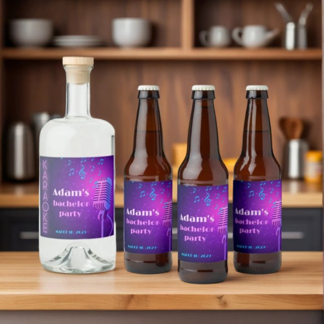 Custom Neon Karaoke Night Bachelor Party  Liquor Bottle Label (Creator Uploaded)