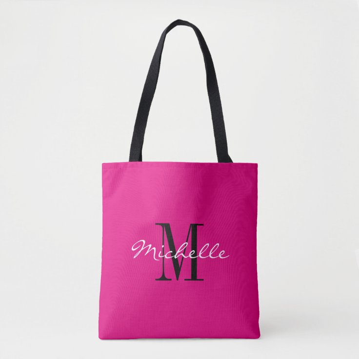 Custom neon pink and black monogrammed tote bags | Zazzle