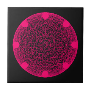 Custom Neon Pink Mandala on Black Ceramic Tile