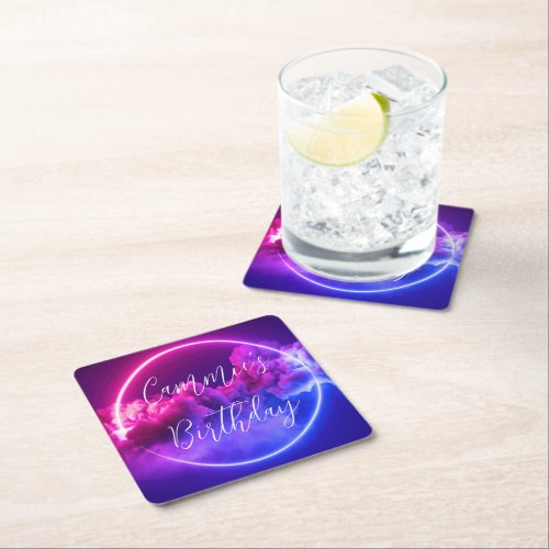 Custom Neon Sign Pink  Purple Clouds  Square Paper Coaster