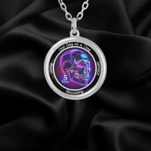 Custom Neon Skull 12-Step Milestone Gift Silver Plated Necklace