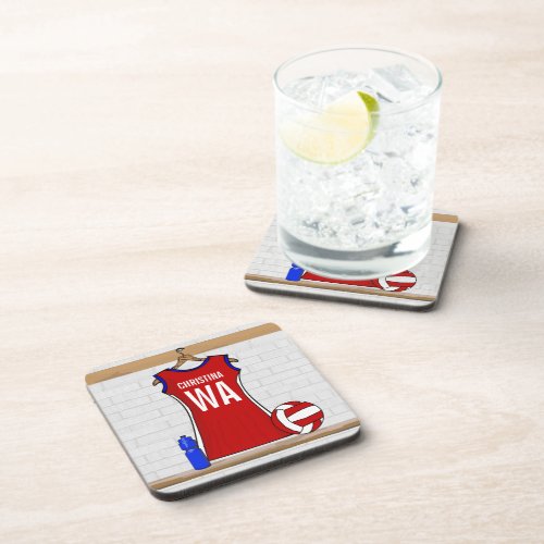 Custom Netball Uniform Red with Blue and White Beverage Coaster