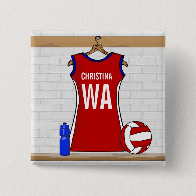 Custom Netball Uniform Red with Blue and White Button (Front)