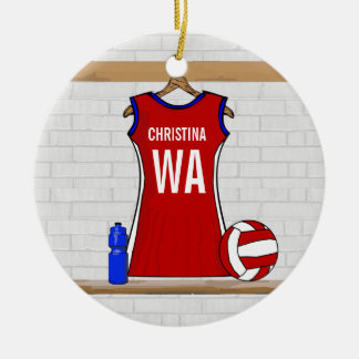 Custom Netball Uniform Red with Blue and White Ceramic Ornament