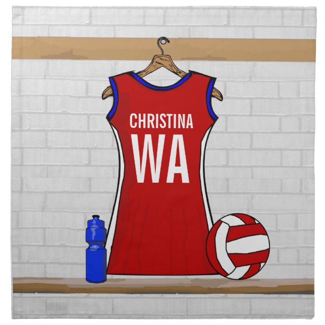Custom Netball Uniform Red with Blue and White Cloth Napkin (Front)