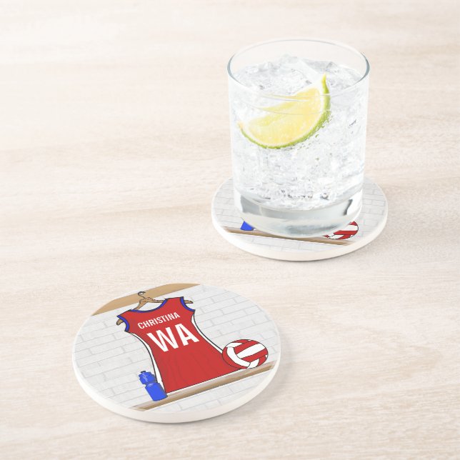 Custom Netball Uniform Red with Blue and White Coaster (Side)