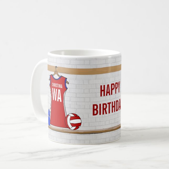 Custom Netball Uniform Red with Blue and White Coffee Mug (Front Left)