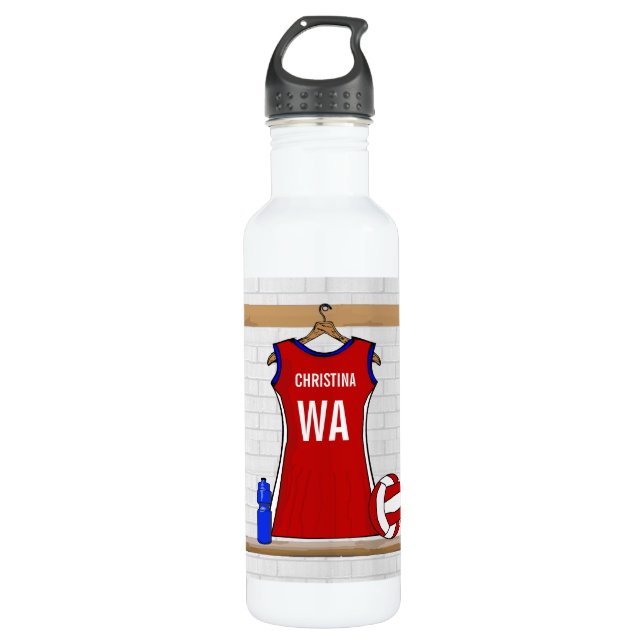 Custom Netball Uniform Red with Blue and White Stainless Steel Water Bottle (Front)