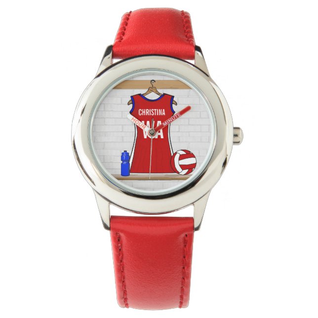 Custom Netball Uniform Red with Blue and White Watch (Front)