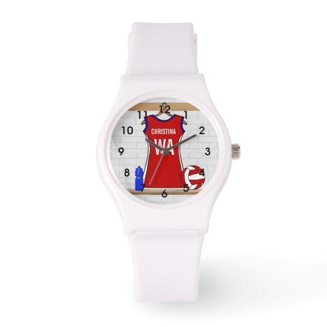 Custom Netball Uniform Red with Blue and White Watch (Front)