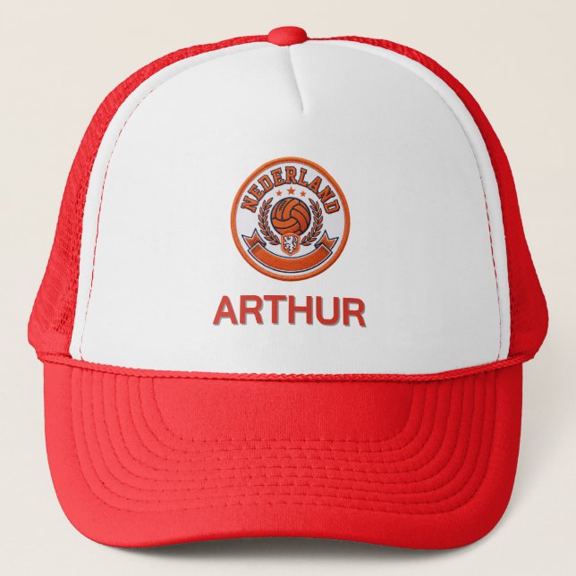 Custom Netherlands Soccer Crest Personalized Name Trucker Hat (Front)