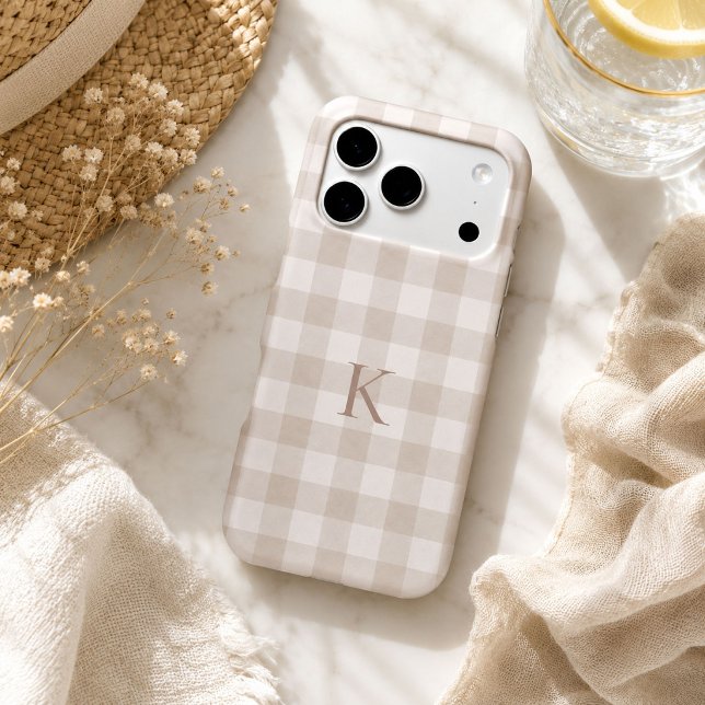 Custom Neutral Beige Gingham Heirloom Monogram iPhone Case (Neutral beige gingham personalized phone case with timeless heirloom-inspired custom initial)