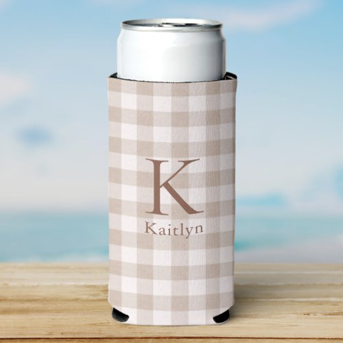 Custom Neutral Beige Gingham Heirloom Monogram Seltzer Can Cooler
