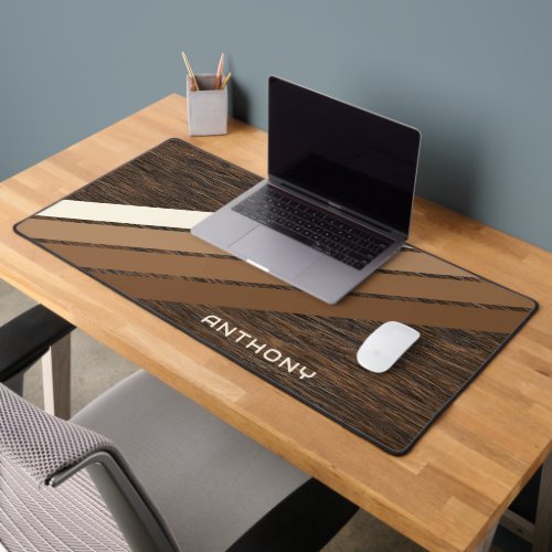 Custom Neutral Brown Stripes Art On Faux Wood Desk Mat