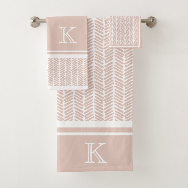 Custom Neutral Earthy Sand Zigzag Stripes Art Bath Towel Set (Insitu)