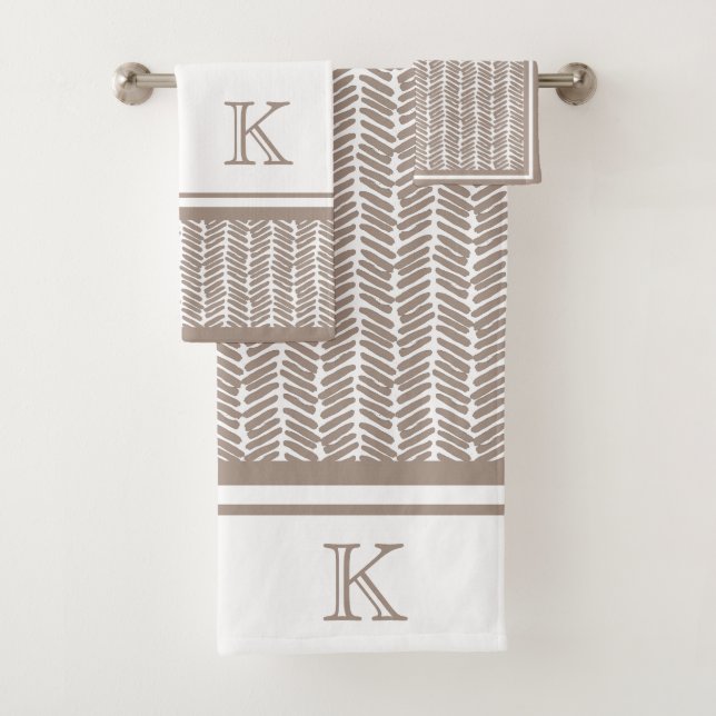 Custom Neutral Earthy Taupe Zigzag Art Stripes  Bath Towel Set (Insitu)