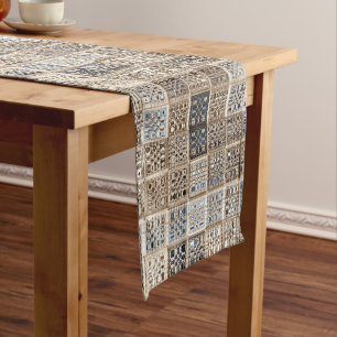 Custom neutral mosaic tile art short table runner