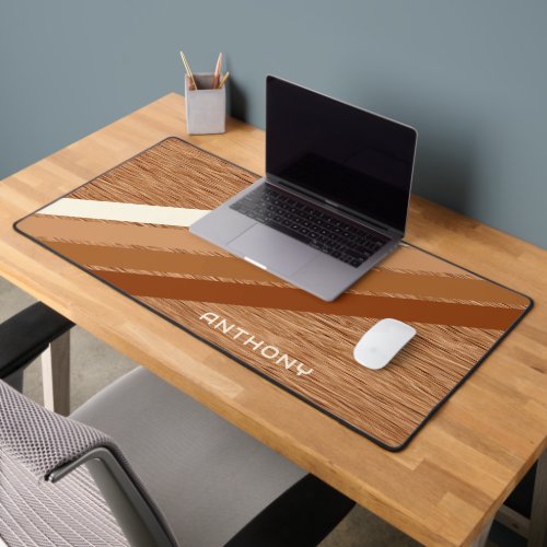 Custom Neutral Warm Brown Stripes Art On Faux Wood Desk Mat