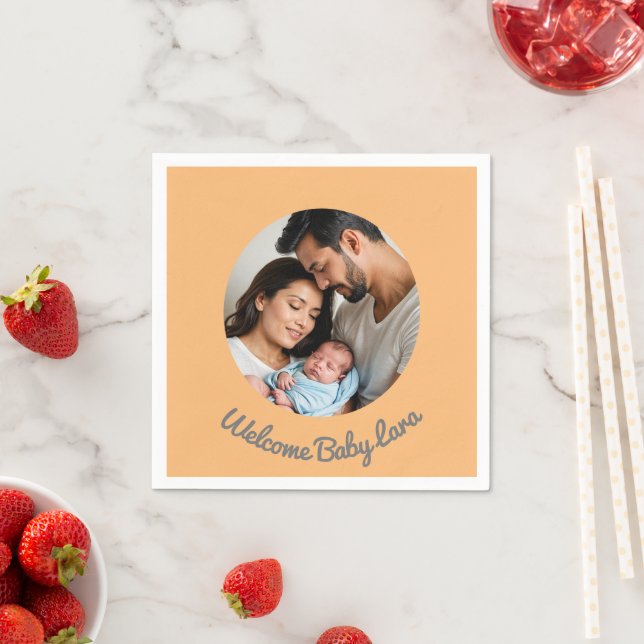 custom new baby custom peach welcome baby napkins (Insitu)