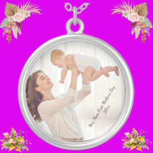 Custom New Mom & New Baby Photo First Mother's Day Silver Plated Necklace