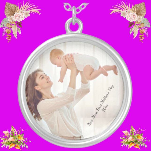 Custom New Mom & New Baby Photo First Mother's Day Silver Plated Necklace (Creator Uploaded)