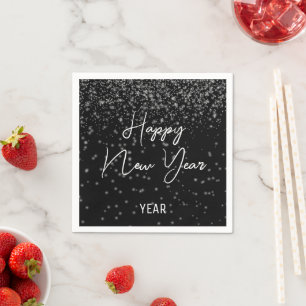 Custom New Year Glowing Silver Confetti On Black Napkins