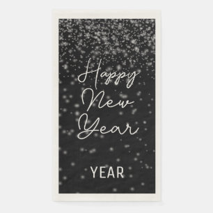 Custom New Year Glowing Silver Confetti On Black Paper Guest Towels