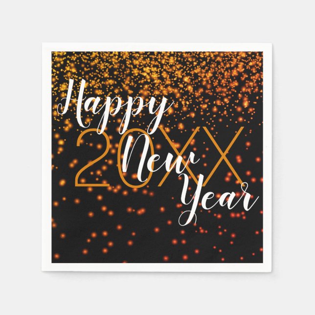 Custom New Year Orange Confetti Glow On Black Napkins (Front)