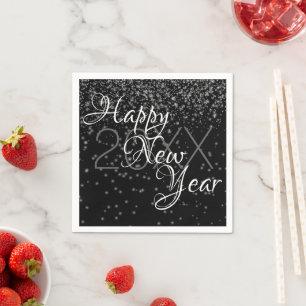 Custom New Year Silver Glow Confetti On Black Napkins
