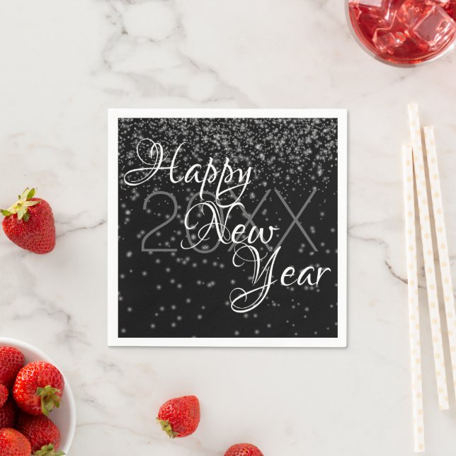 Custom New Year Silver Glow Confetti On Black Napkins (Insitu)
