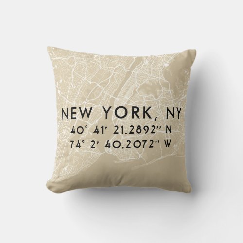 Custom New York City Map  Tan  Black Throw Pillow
