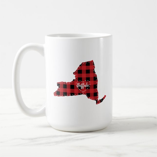 Custom New York State Hometown Plaid Christmas Coffee Mug (Left)