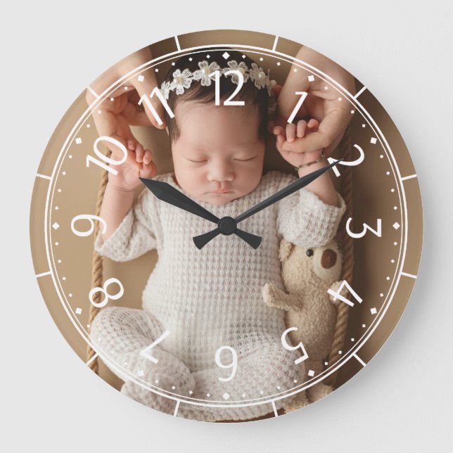Custom Newborn Baby Photo Modern Minimal Wall Large Clock (Front)