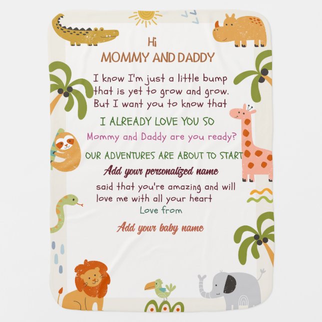 Custom Newborn Blanket with Animal Theme & Message (Front)