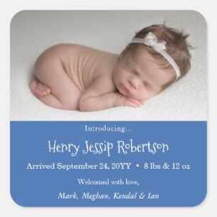 Custom Newborn Photo Birth Announcement Blue Square Sticker