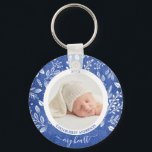Custom Newborn Photo Keychain<br><div class="desc">Round button keychain features your favorite photo surrounded with white leaves, berries and dots on a textured blue background. TIP: Upload a high resolution photo that features your baby in the middle - you can crop to a square, too. Keychains make memorable gifts for family, grandparents and friends or create...</div>