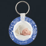 Custom Newborn Photo Keychain<br><div class="desc">Round button keychain features your favorite photo surrounded with white leaves, berries and dots on a textured blue background. TIP: Upload a high resolution photo that features your baby in the middle - you can crop to a square, too. Keychains make memorable gifts for family, grandparents and friends or create...</div>
