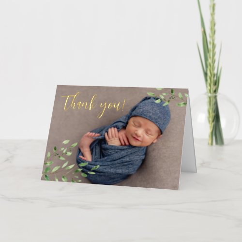 Custom newborn Photo Watercolor leaves Gold  Foil Greeting Card