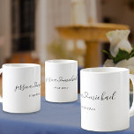 Custom Newlyweds Names Joined by Love Wedding Date Mug<br><div class="desc">Elegant black and white personalized wedding coffee mug. Newlyweds' names are printed in the middle of the mug in cursive script and joined by calligraphic heart between the names. It's additionally personalized with a custom date printed right under the names. It can represent a wedding or anniversary date.</div>