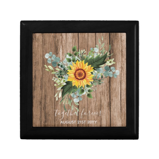 Custom Newlyweds Rustic Sunflowers Eucalyptus Leaf Gift Box (Front)
