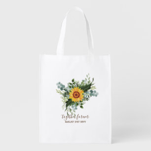 Custom Newlyweds Rustic Sunflowers Eucalyptus Leaf Grocery Bag