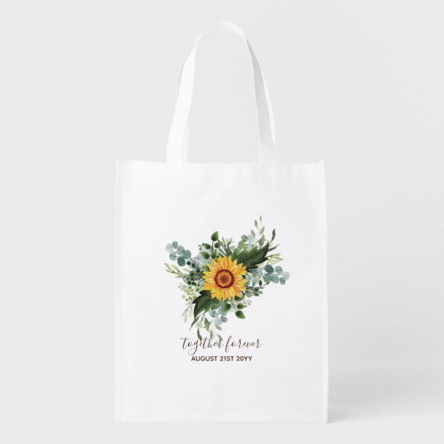 Custom Newlyweds Rustic Sunflowers Eucalyptus Leaf Grocery Bag (Front)