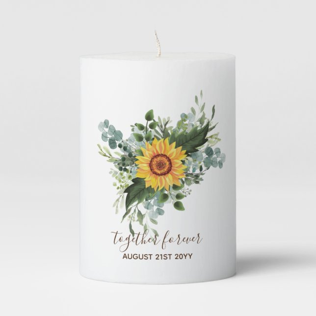 Custom Newlyweds Rustic Sunflowers Eucalyptus Leaf Pillar Candle (Front)