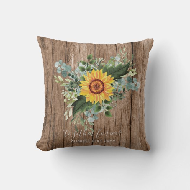Custom Newlyweds Rustic Sunflowers Eucalyptus Leaf Throw Pillow (Front)