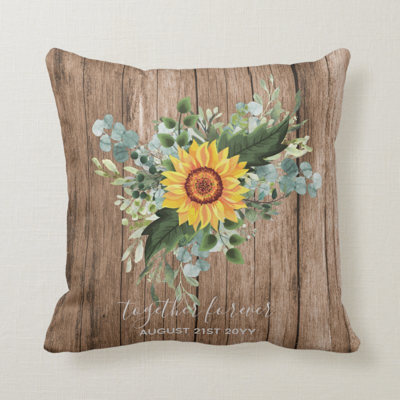 Custom Newlyweds Rustic Sunflowers Eucalyptus Leaf Throw Pillow