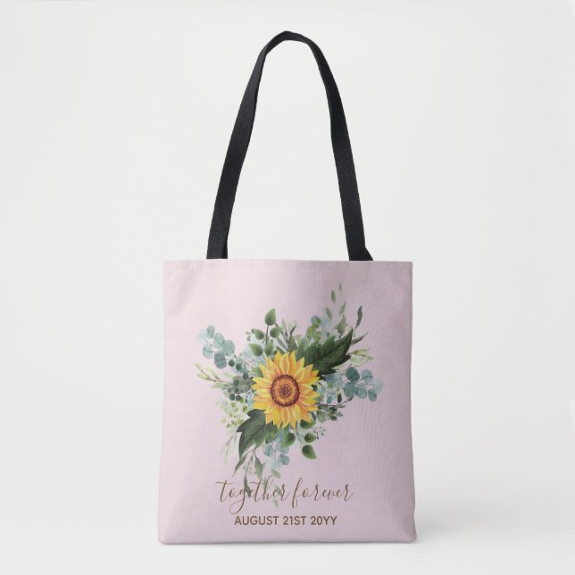 Custom Newlyweds Rustic Sunflowers Eucalyptus Leaf Tote Bag (Front)